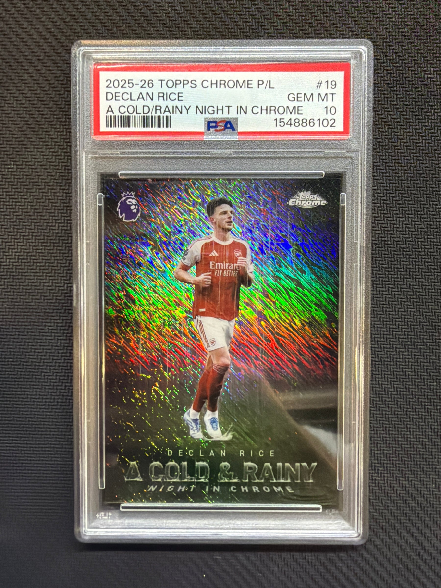 2025-26 Topps Chrome Premier League Declan Rice A Cold And Rainy Night In Chrome PSA 10